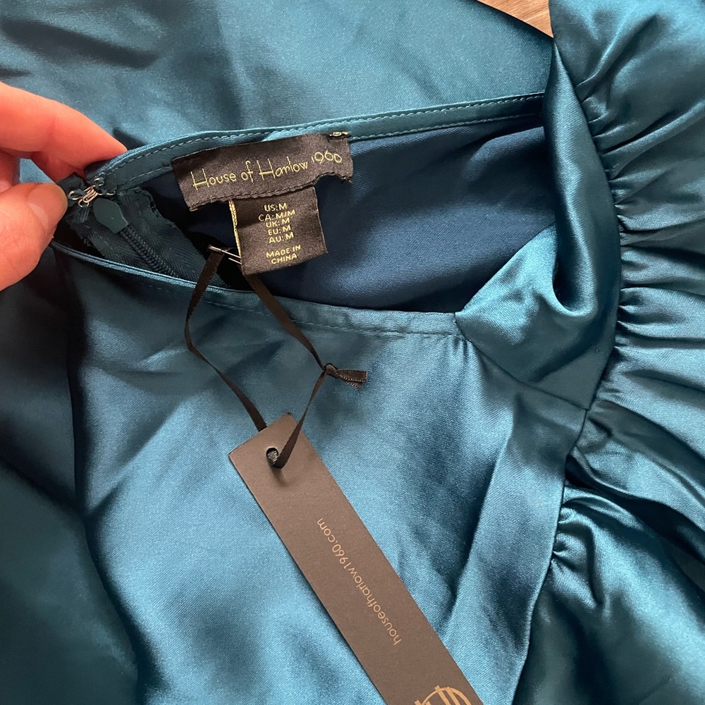 NWT House of Harlow 1960 Teal Blue Halter Dress Cocktail Cowl neck Satin Maxi M - Picture 10 of 12